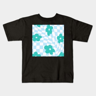 groovy pinterest checkered abstract blue flower print Kids T-Shirt